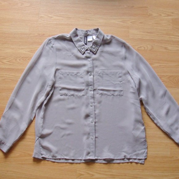 2/$25 | H&M Divided Semi-Sheer Rhinestone Collared Blouse - Picture 2 of 5